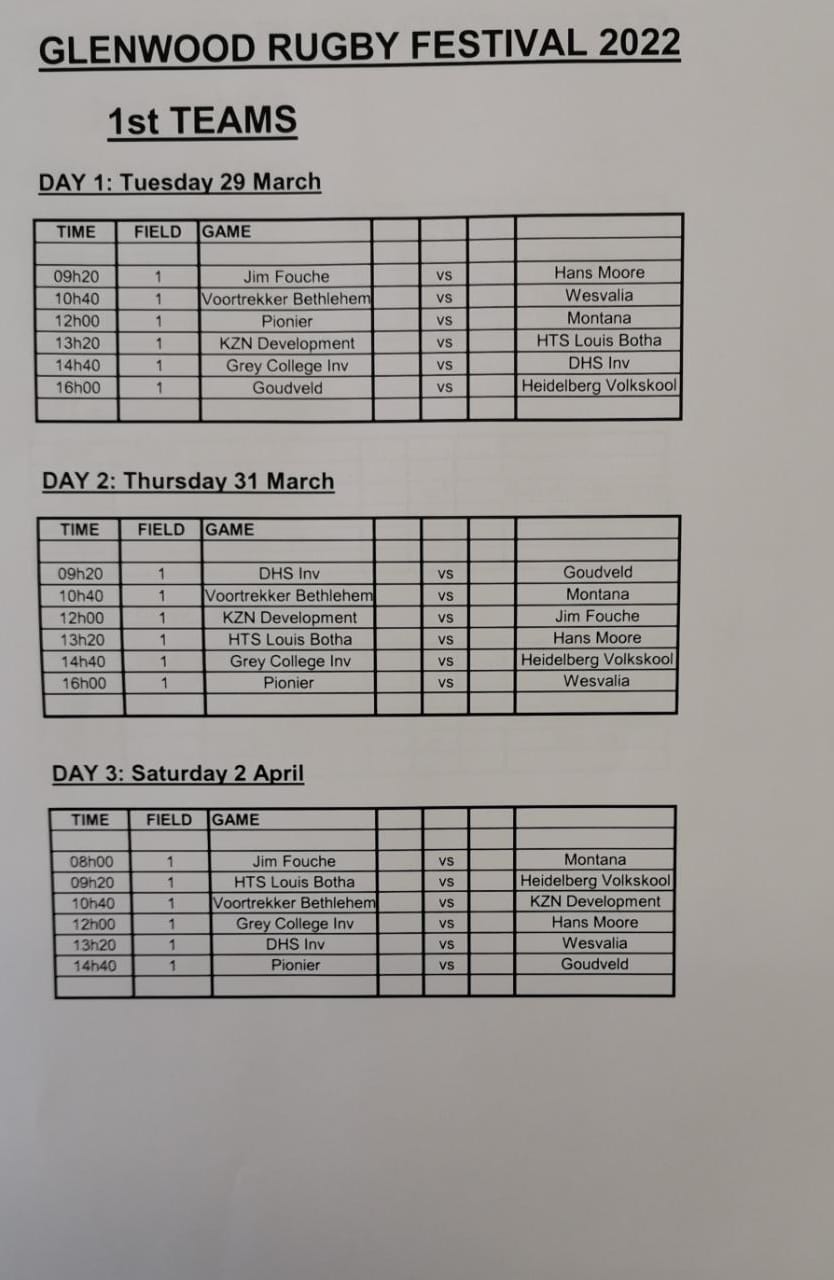 Glenwood Festival 2022 1st XV fixtures SchoolBoyRugby Blog